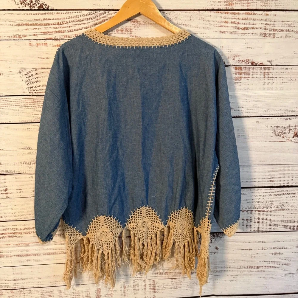 Womens Boho 2 Piece Set Blue Crochet Fringe Embroidered Pants Top Western L XL